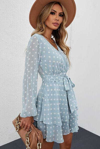 Tied Layered Polka Dot Balloon Sleeve Dress - Lucianne Boutique