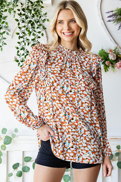 Printed Ruffle Shoulder Long Sleeve Blouse - Lucianne Boutique