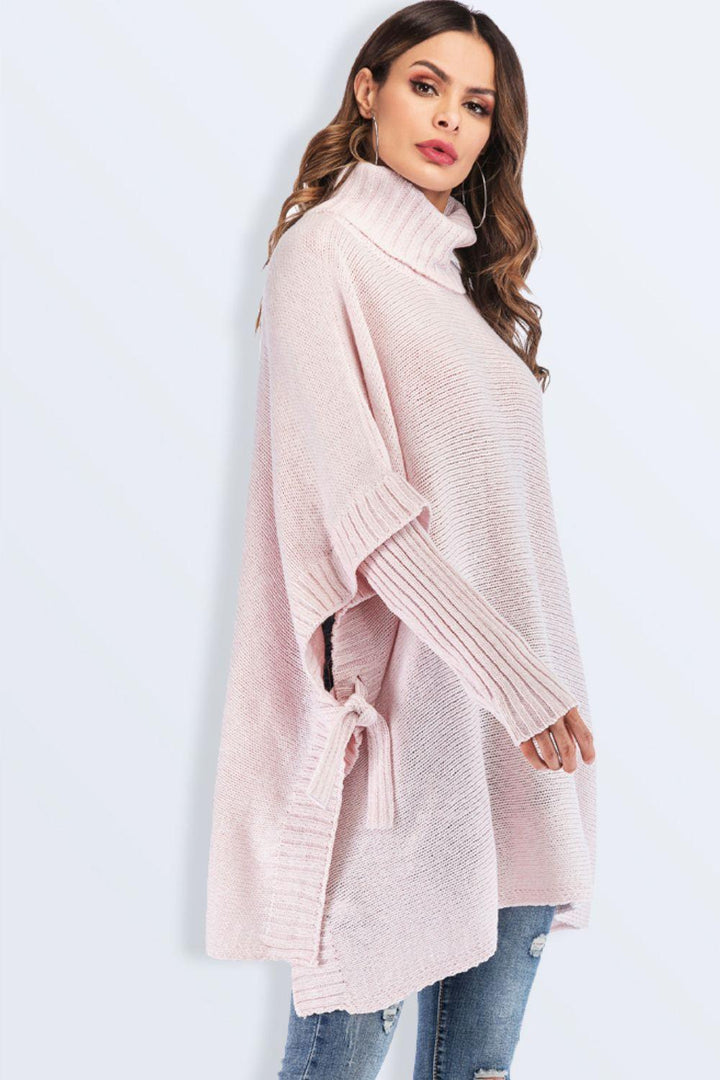 Tied Turtleneck Asymmetrical Hem Sweater - Lucianne Boutique