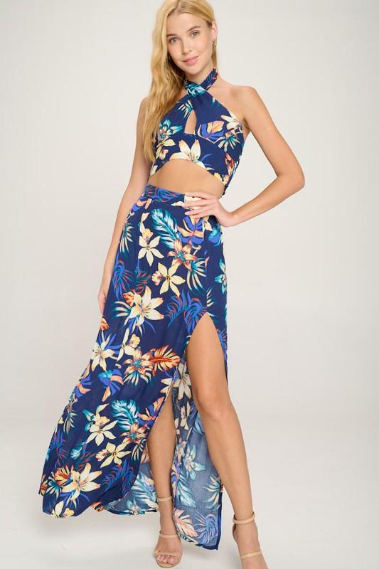 halter crop top maxi skirt with slit set tropical - Lucianne Boutique