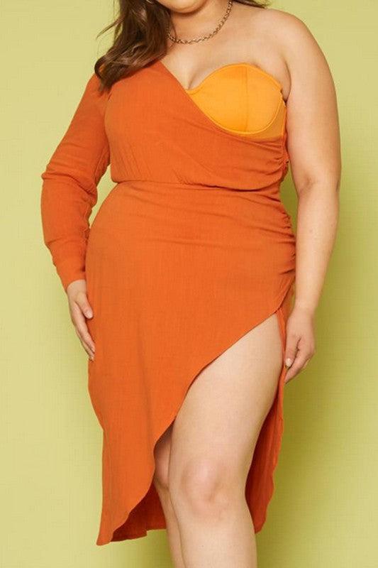 Plus Size One Sleeve Asymmetric Dress - Lucianne Boutique