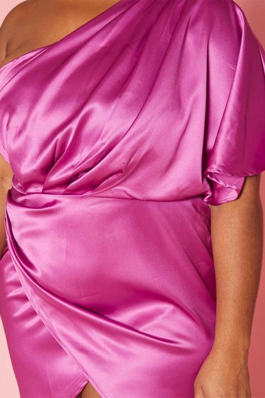Plus Size One Sleeve Satin Mini Dress - Lucianne Boutique