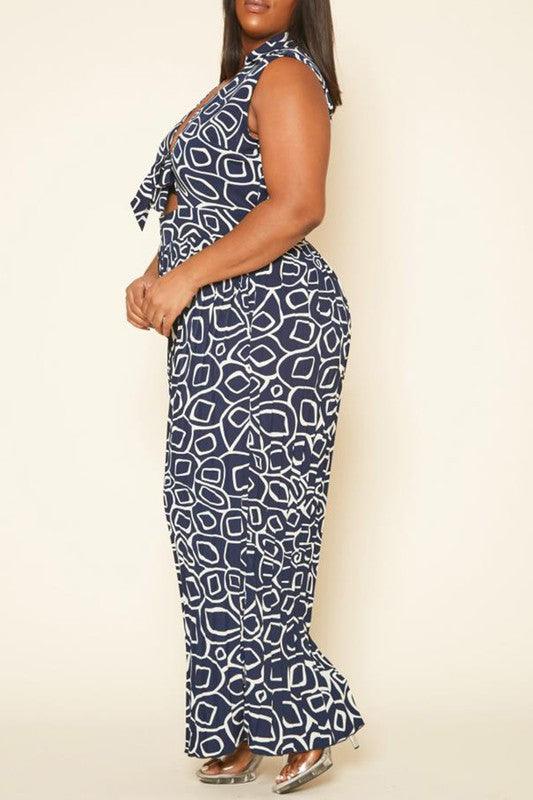 Plus Size Abstract Print Wide Flare Jumpsuit - Lucianne Boutique