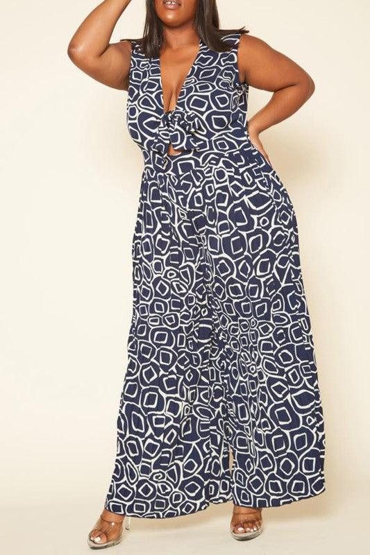 Plus Size Abstract Print Wide Flare Jumpsuit - Lucianne Boutique