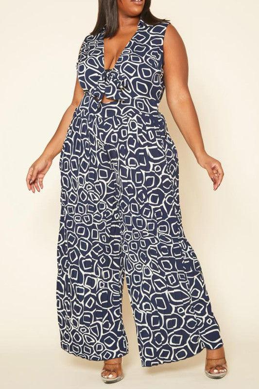 Plus Size Abstract Print Wide Flare Jumpsuit - Lucianne Boutique