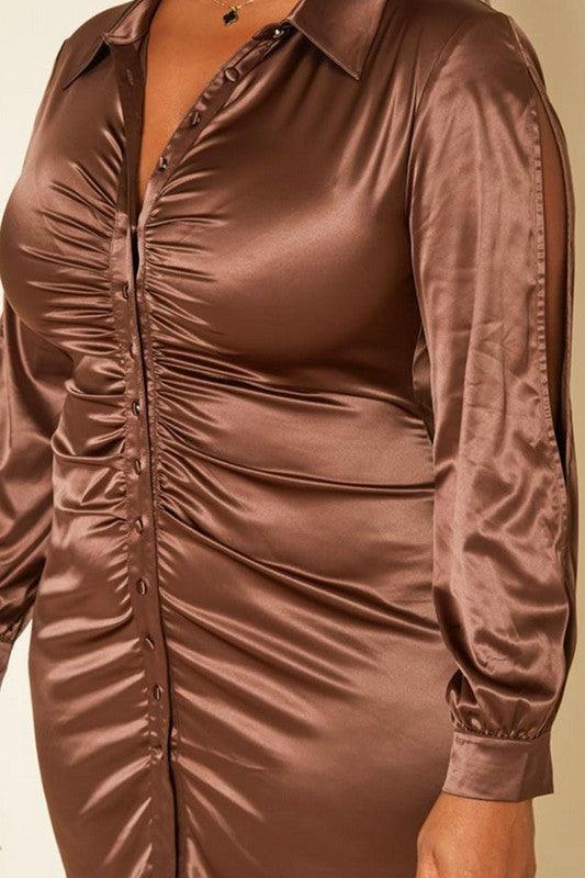 Plus Size Long Sleeve Collar Satin Mini Dress - Lucianne Boutique