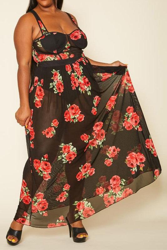 Plus Size Rose Print Sheer Maxi Dress - Lucianne Boutique