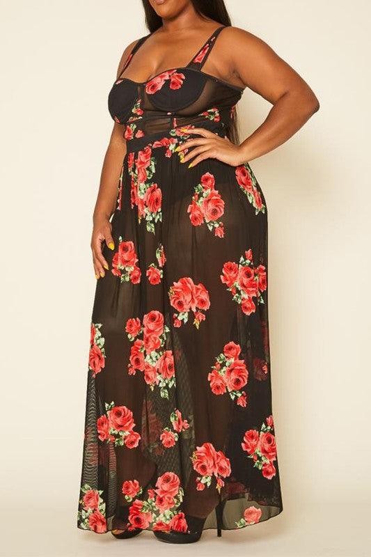 Plus Size Rose Print Sheer Maxi Dress - Lucianne Boutique