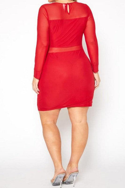Plus Size Mesh Contrast Long Sleeve Mini Dress - Lucianne Boutique