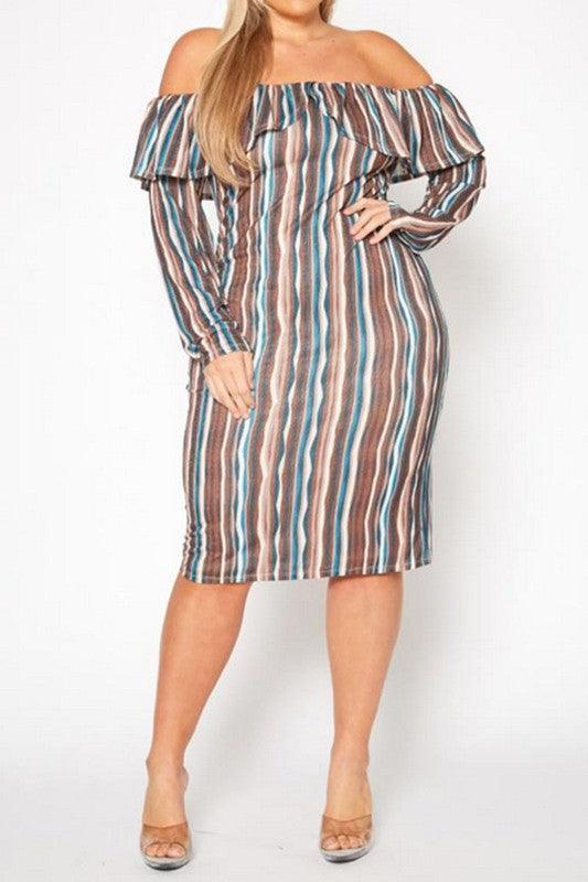 Plus Size Multi Striped Off Shoulder Dress