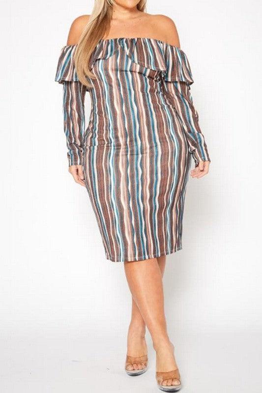 Plus Size Multi Striped Off Shoulder Dress - Lucianne Boutique