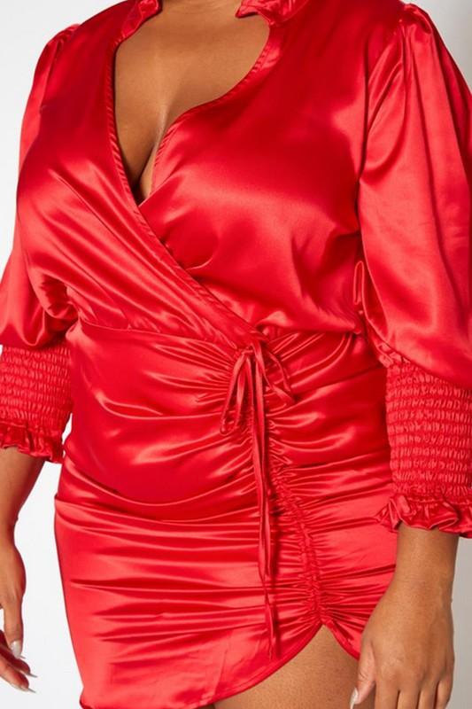 Plus Size Mandolin Collar Ruched Satin Mini Dress - Lucianne Boutique