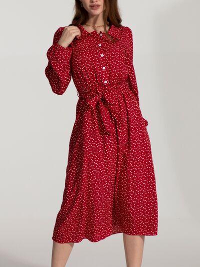 Tied Printed Button Up Balloon Sleeve Dress - Lucianne Boutique