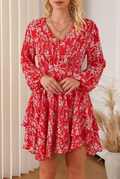 Printed Surplice Balloon Sleeve Layered Dress - Lucianne Boutique