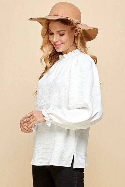 SOLID MOCK NECK WITH RUFFLE LONG SLEEVE BLOUSE - Lucianne Boutique