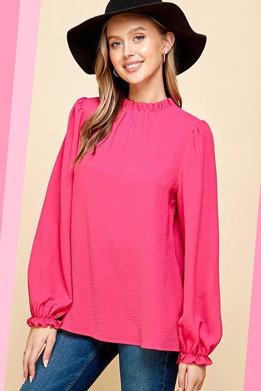 SOLID MOCK NECK WITH RUFFLE LONG SLEEVE BLOUSE - Lucianne Boutique
