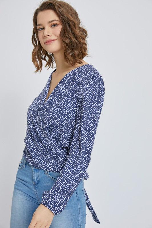 Surplice long sleeve blouse top with printed - Lucianne Boutique