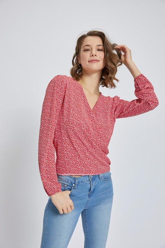 Surplice long sleeve blouse top with printed - Lucianne Boutique