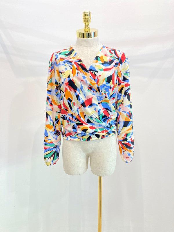 Women's long sleeve surplice blouse top - Lucianne Boutique