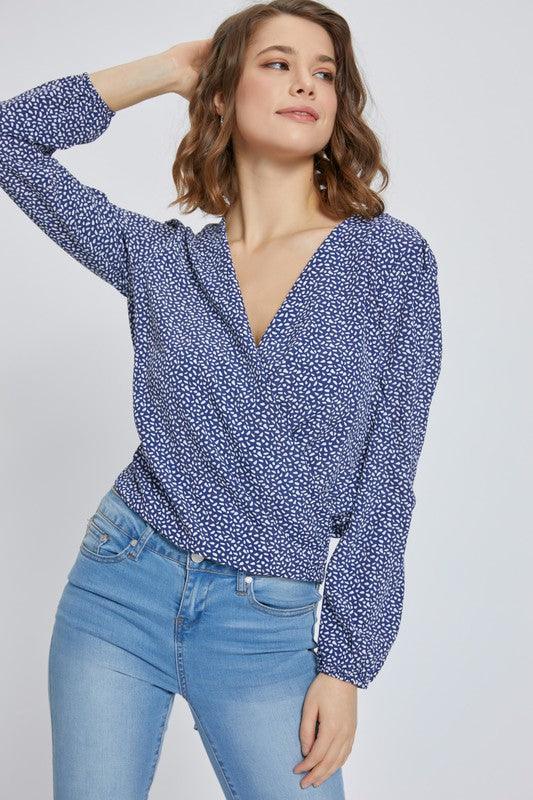 Women's long sleeve surplice blouse top - Lucianne Boutique