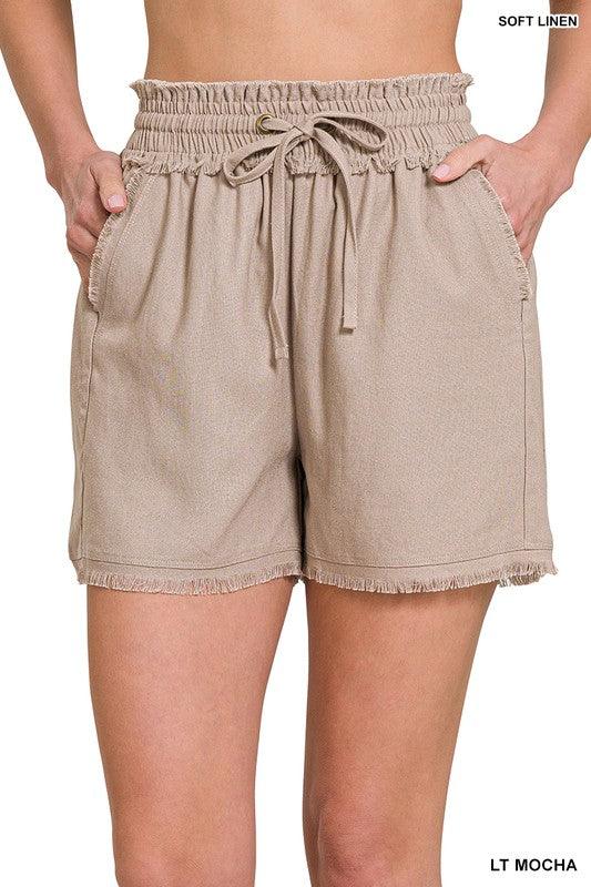LINEN FRAYED HEM DRAWSTRING SHORTS WITH POCKETS - Lucianne Boutique