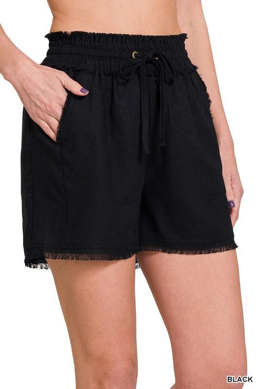 LINEN FRAYED HEM DRAWSTRING SHORTS WITH POCKETS - Lucianne Boutique