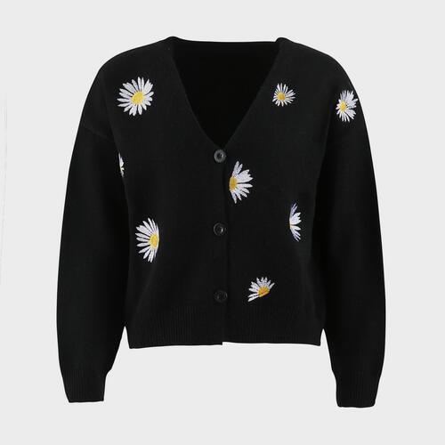 Flower Button Front Dropped Shoulder Cardigan - Lucianne Boutique