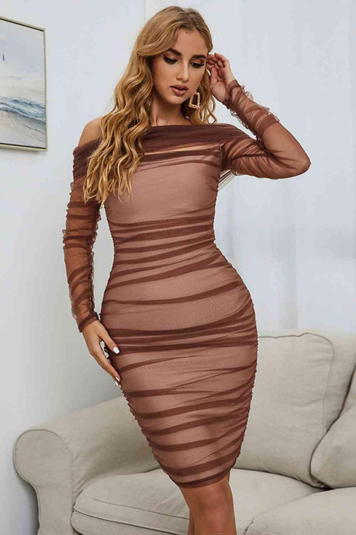 Off-Shoulder Ruched Long Sleeve Tulle Dress - Lucianne Boutique