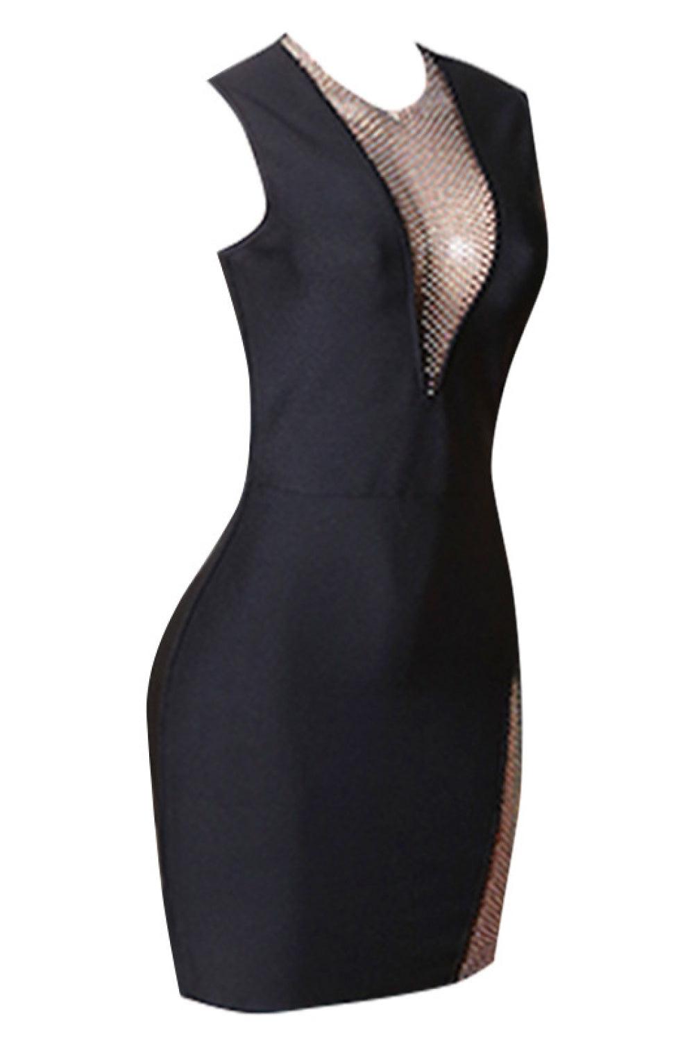 Rhinestone Detail Spliced Mesh Sleeveless Dress - Lucianne Boutique