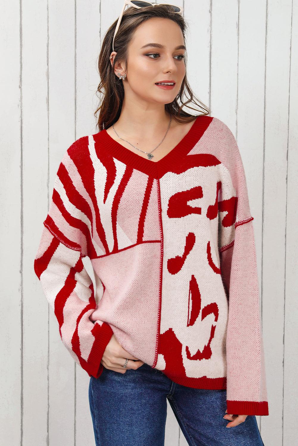 V-Neck Printed Dropped Shoulder Sweater - Lucianne Boutique