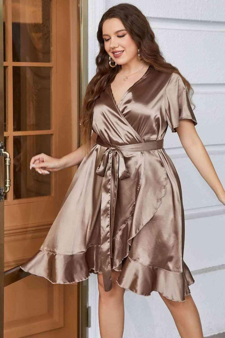 Plus Size Belted Ruffled Surplice Dress - Lucianne Boutique