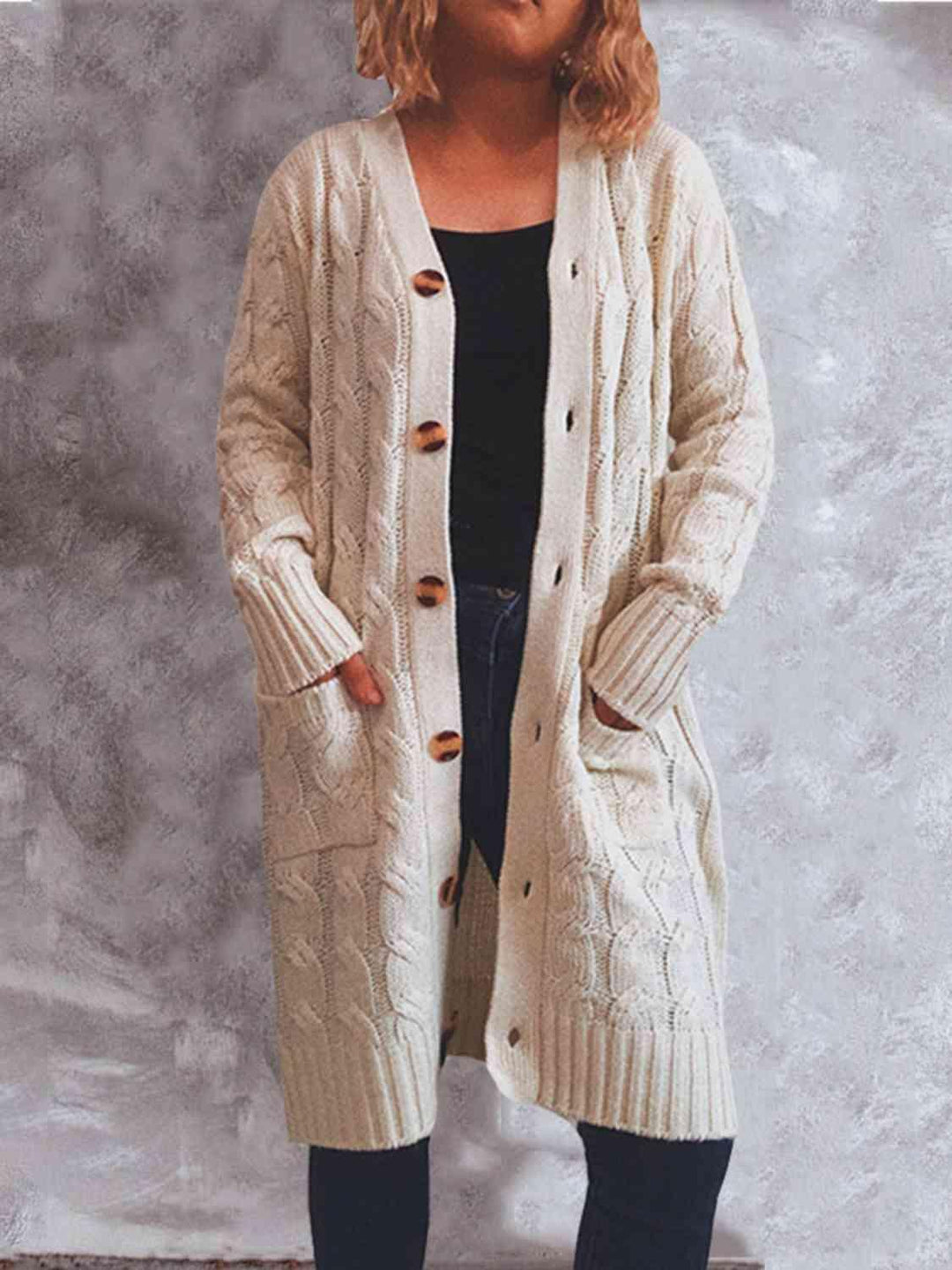 Button Up Cable-Knit Cardigan with Pockets - Lucianne Boutique