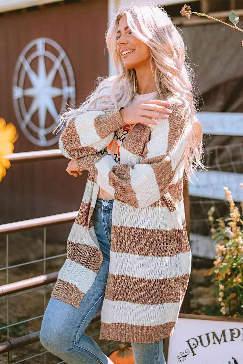 Striped Open Front Long Sleeve Cardigan - Lucianne Boutique