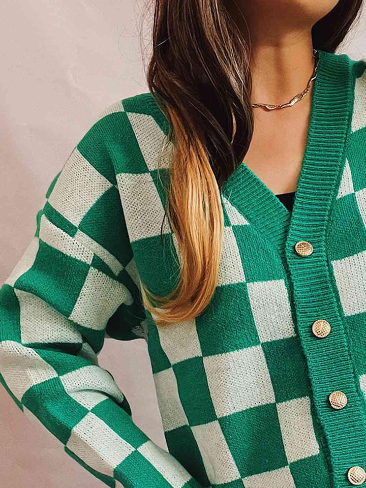 Checkered Open Front Button Up Cardigan - Lucianne Boutique