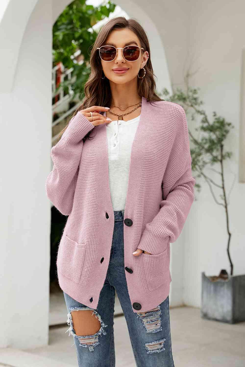 Button Up Drop Shoulder Long Sleeve Cardigan - Lucianne Boutique