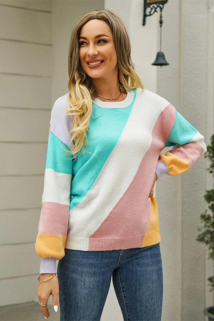 Color Block Round Neck Long Sleeve Sweater - Lucianne Boutique