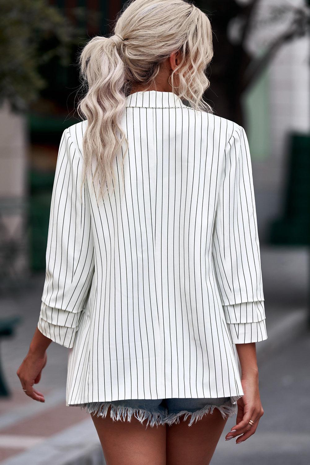 Striped Double-Breasted Long Sleeve Blazer - Lucianne Boutique
