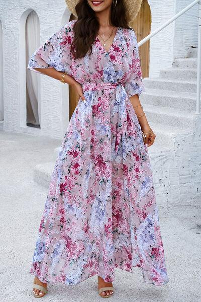 Printed Tied Half Sleeve Slit Dress - Lucianne Boutique