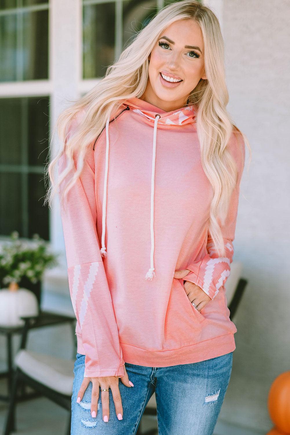 Printed Long Sleeve Hoodie with Pocket - Lucianne Boutique