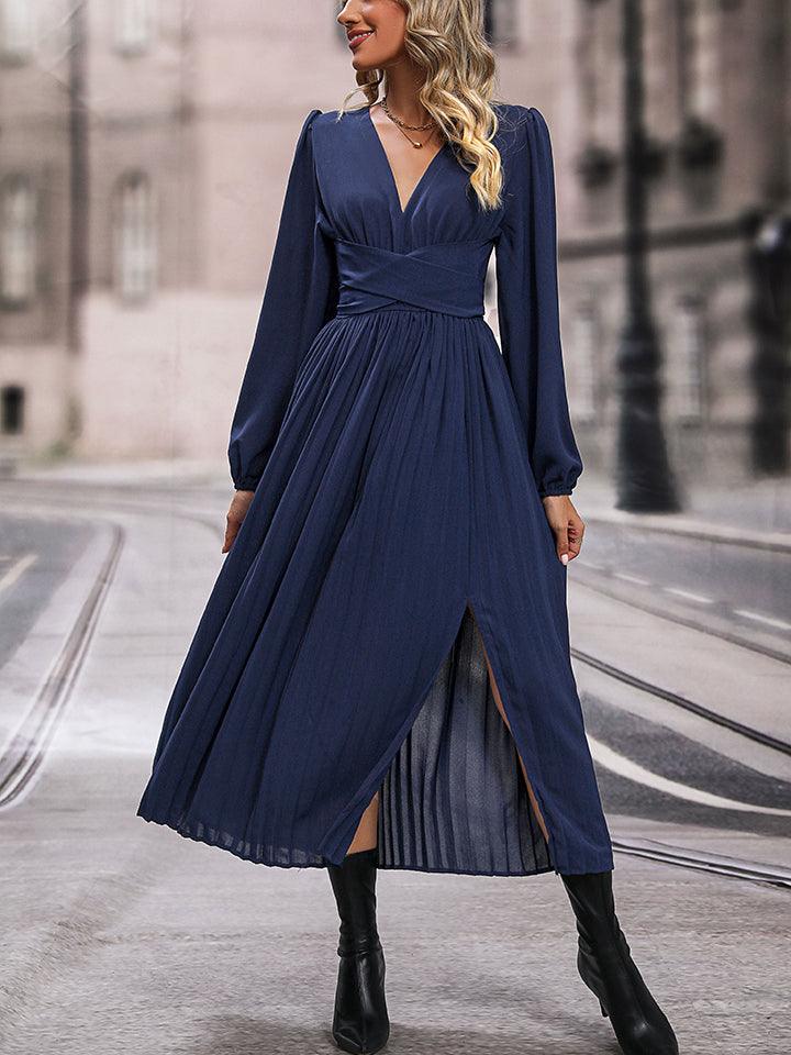 V-Neck Long Sleeve Pleated Slit Dress - Lucianne Boutique