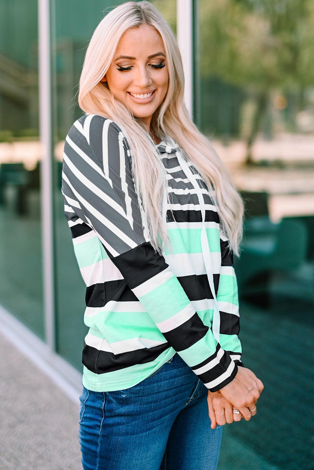 Striped Drawstring Detail Long Sleeve Hoodie - Lucianne Boutique
