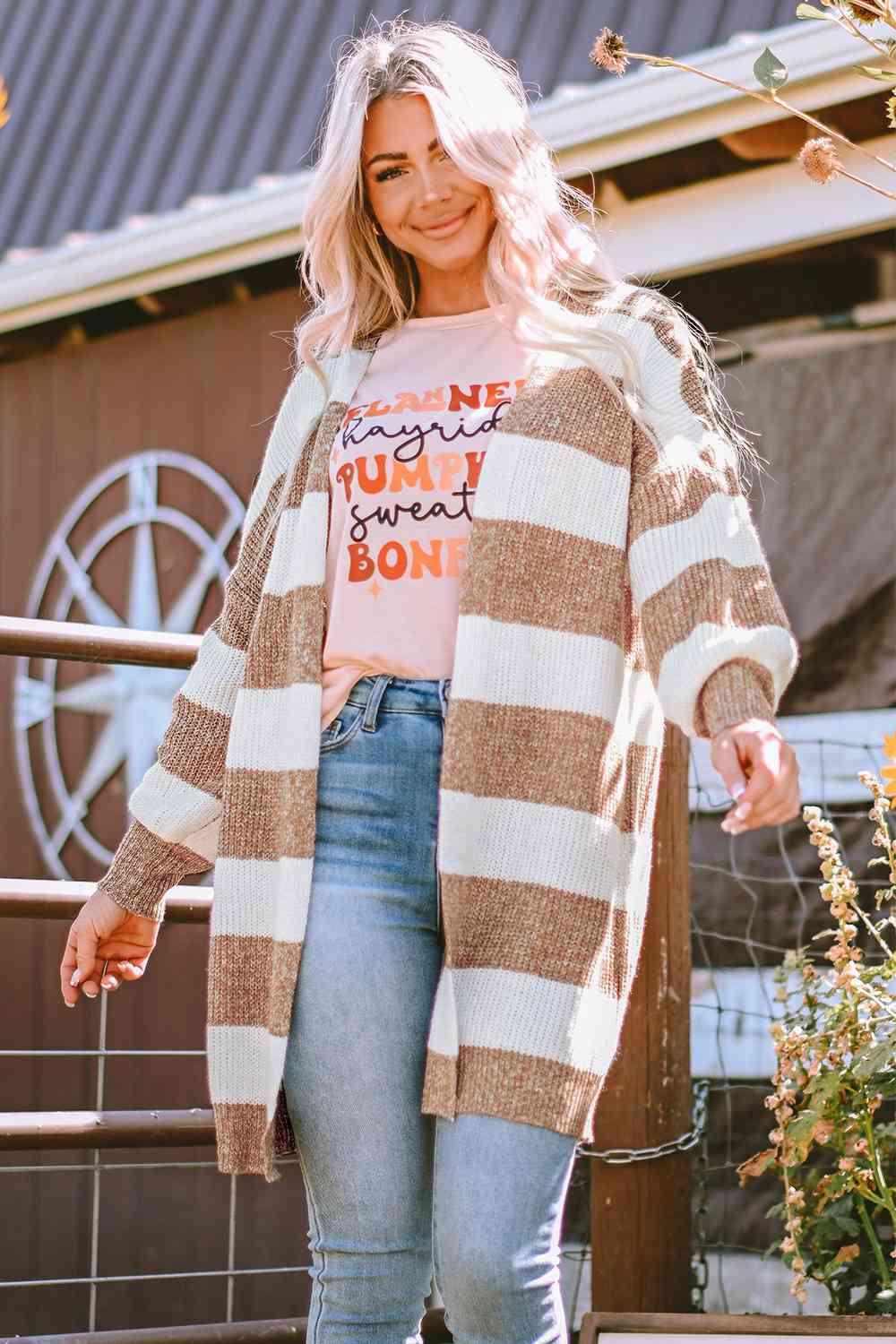 Striped Open Front Long Sleeve Cardigan - Lucianne Boutique