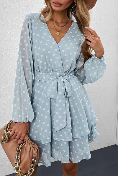 Tied Layered Polka Dot Balloon Sleeve Dress - Lucianne Boutique