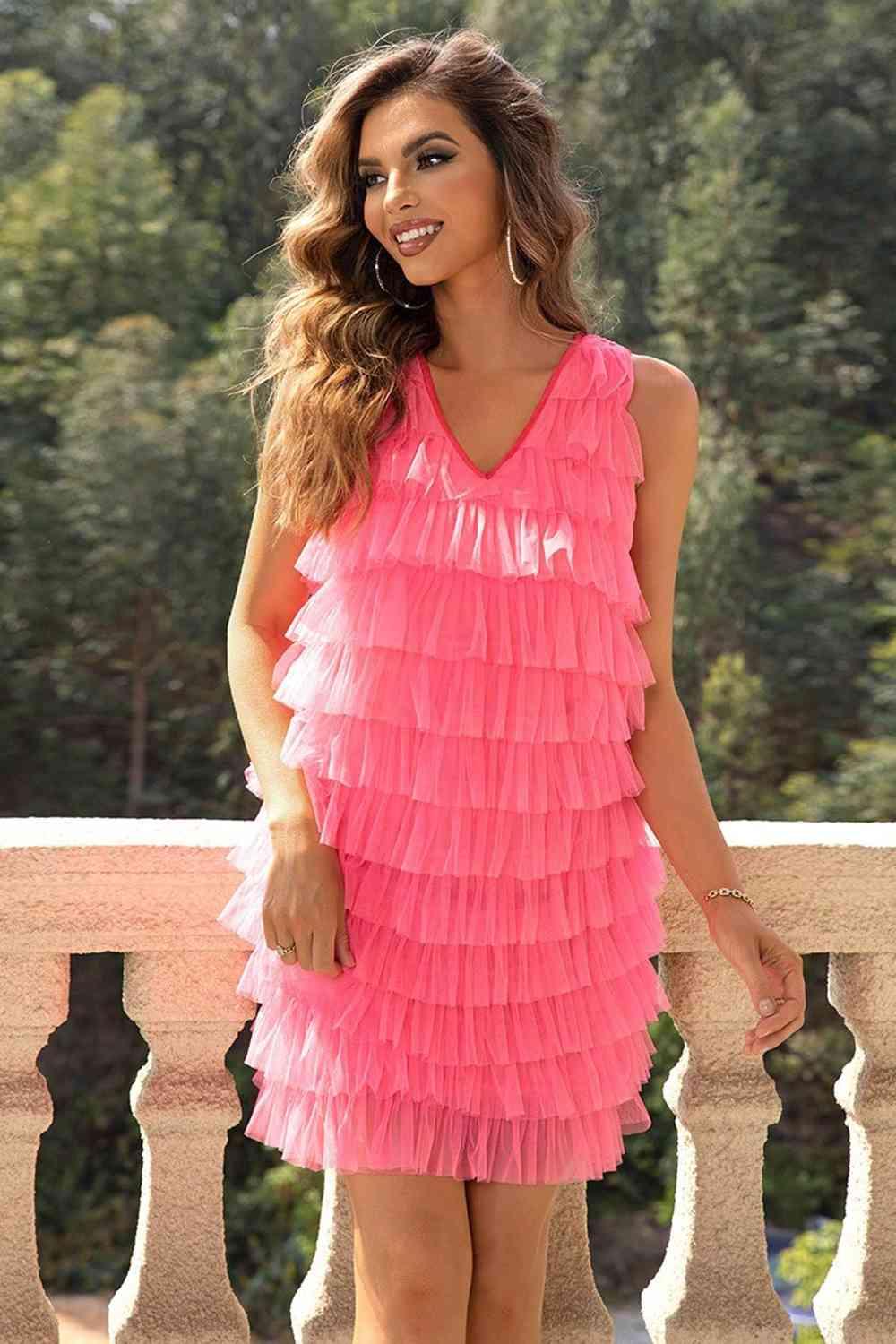 V-Neck Tiered Sleeveless Mesh Dress - Lucianne Boutique