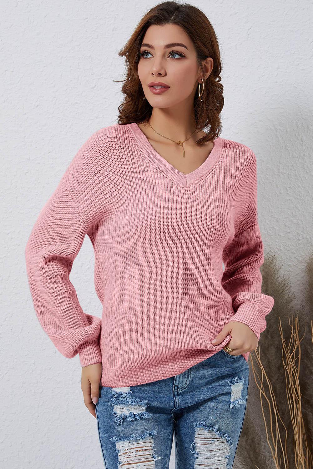 V-Neck Ribbed Dropped Shoulder Sweater - Lucianne Boutique
