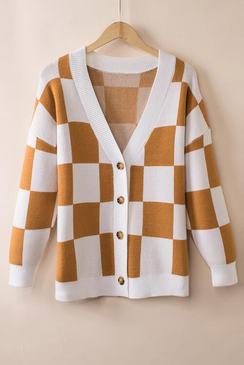 Checkered Button-Up Dropped Shoulder Cardigan - Lucianne Boutique