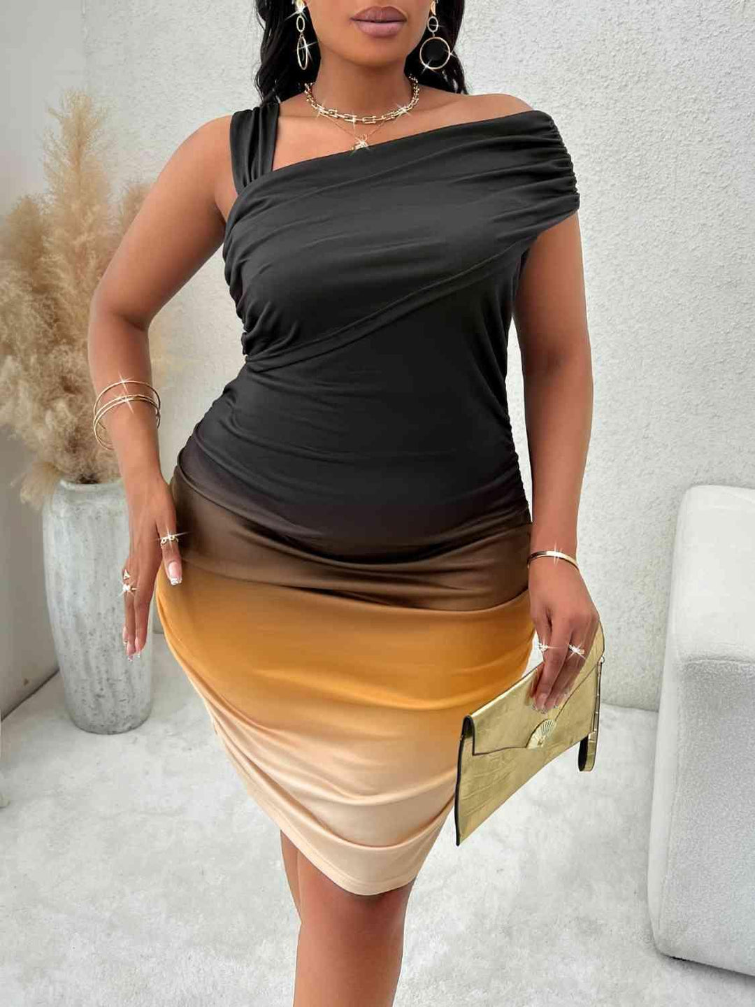 Plus Size Asymmetrical Neck Bodycon Dress - Lucianne Boutique