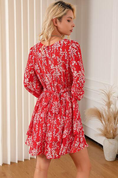 Printed Surplice Balloon Sleeve Layered Dress - Lucianne Boutique