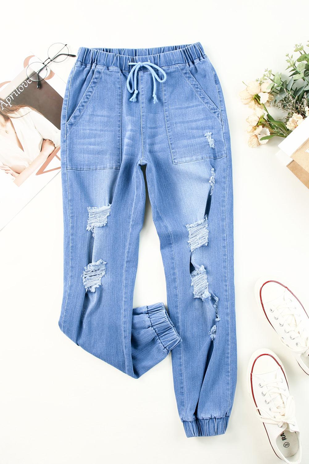 Distressed Denim Pocketed Joggers - Lucianne Boutique