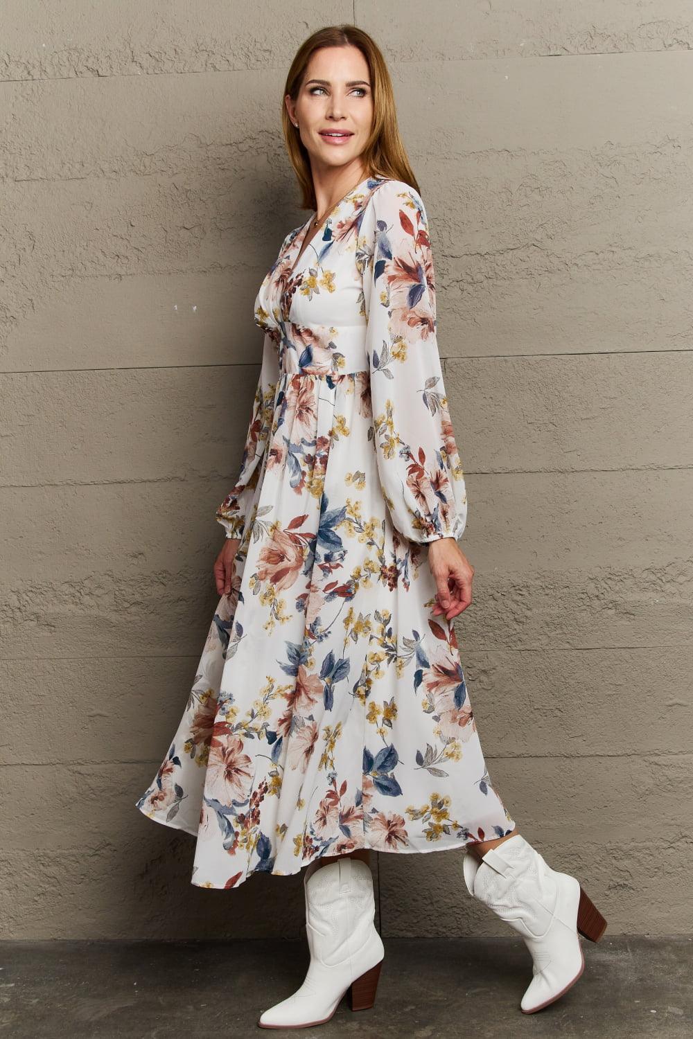 OneTheLand Good Day Chiffon Floral Midi Dress - Lucianne Boutique